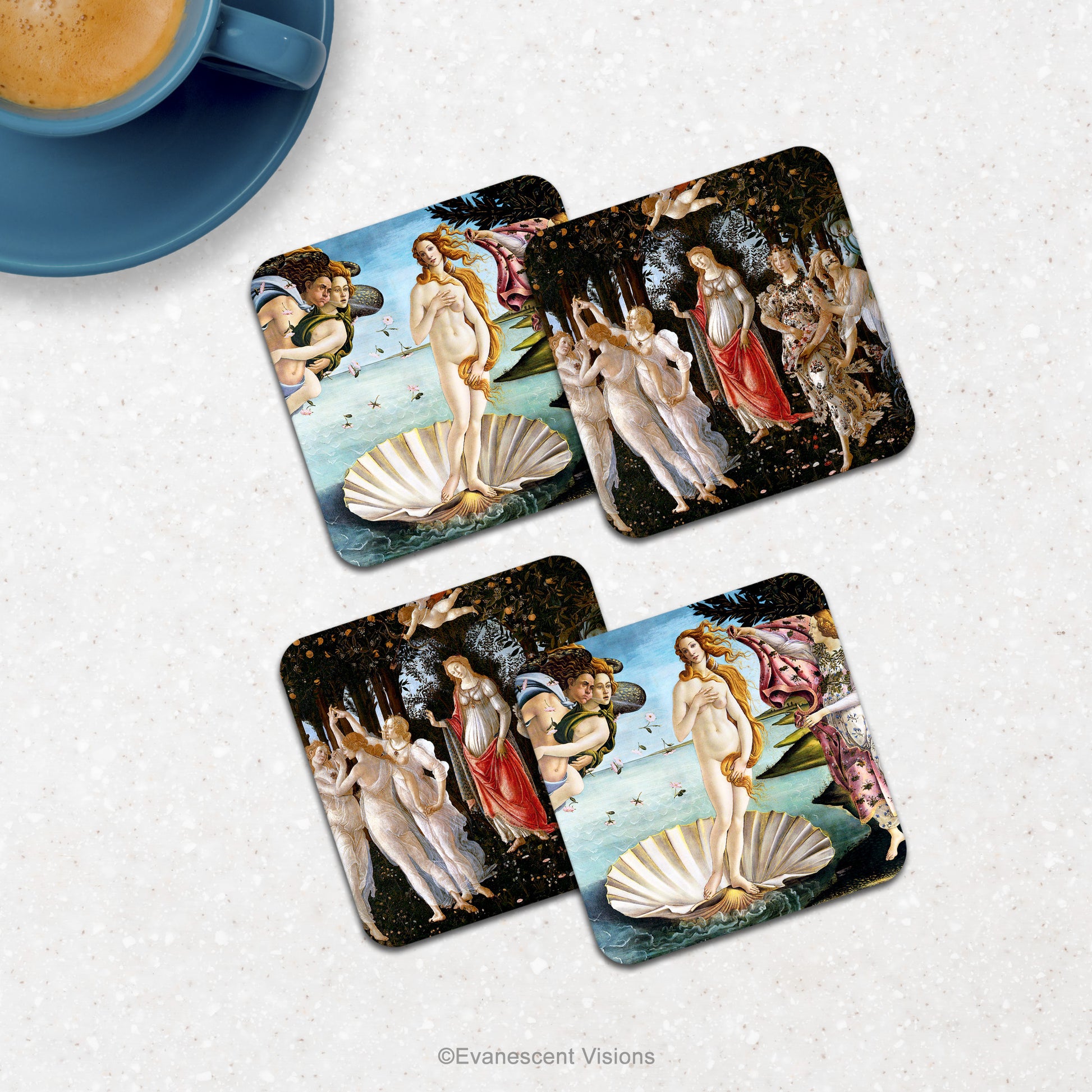 Botticelli-themed coasters shown on counter top with drink.
