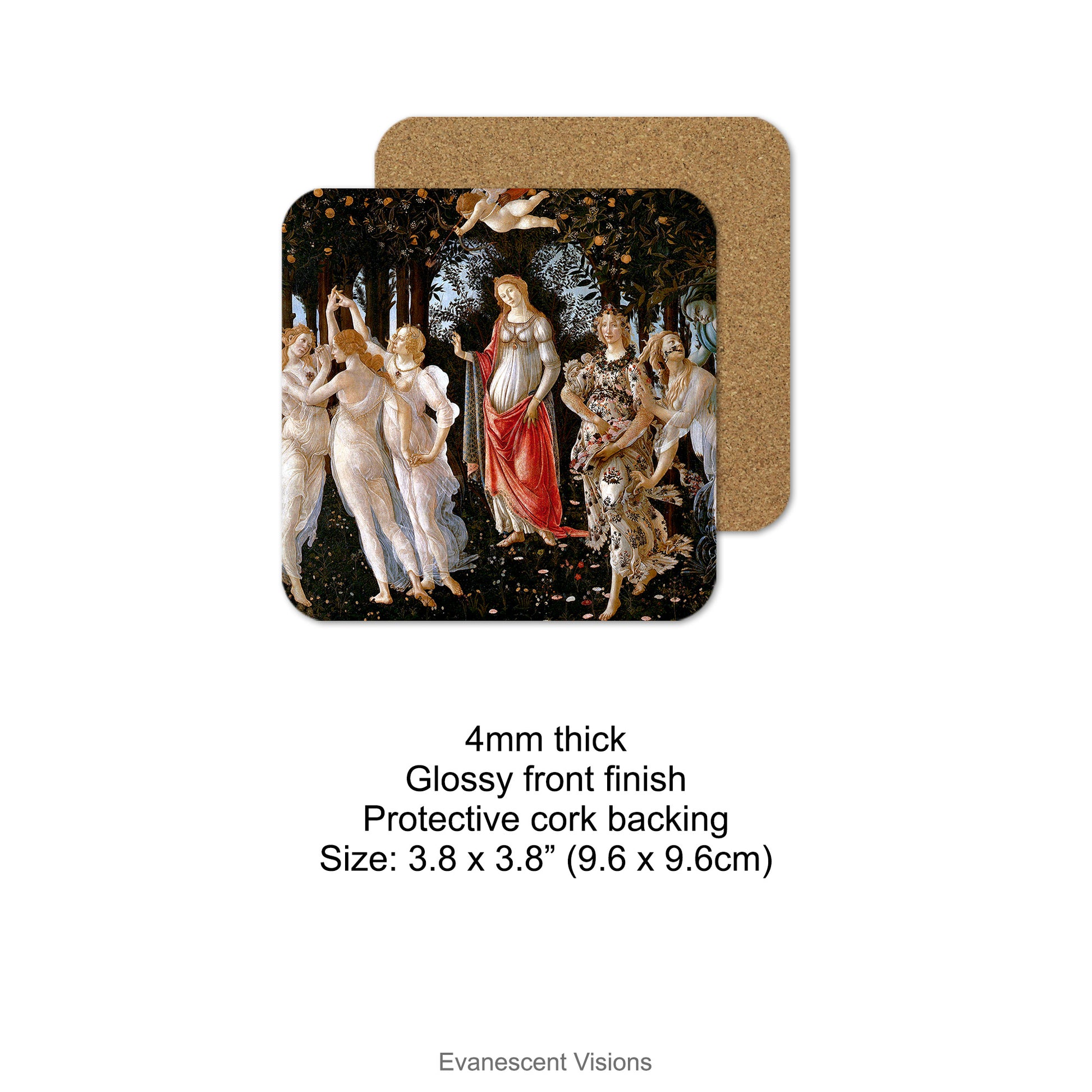 Single Coaster with image from Botticelli's Primavera shown with image of protective cork backing and product details