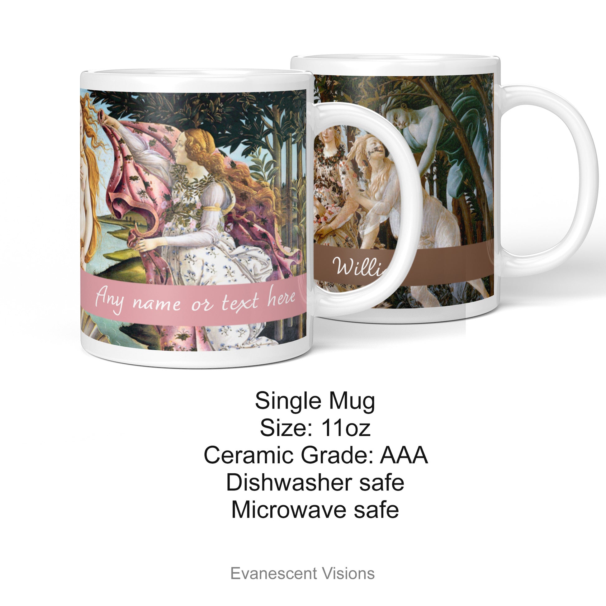 Product details for the personalised mugs wtih Botticelli's Primavera or Birth of Venus paintings