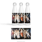 Left, right and front views of the Primavera Stainless Steel Water Bottle, Thermos with the full design view shown below