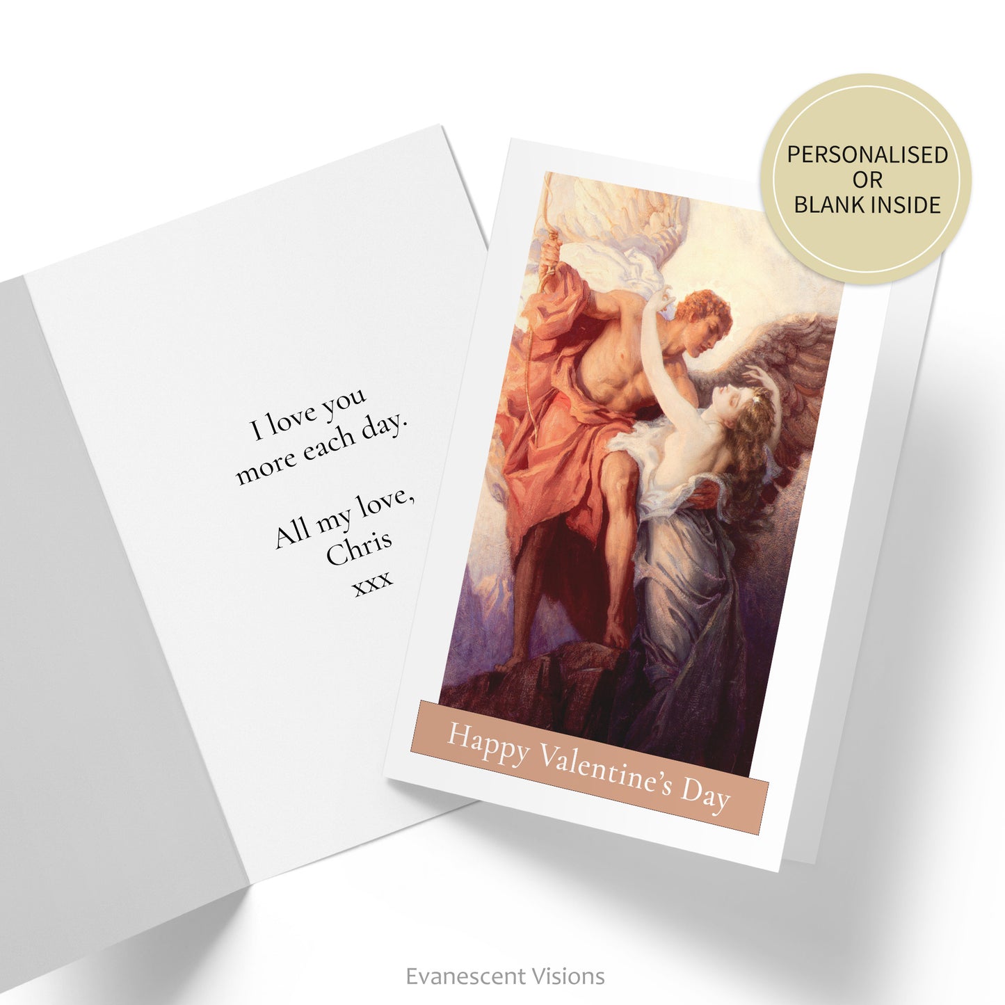 Card with the image 'Day and the Dawnstar' by Herbert James Draper. On the front of the card it says 'Happy Valentine's Day'.  Inside of card is shown with custom greeting. Sticker says personalised or blank inside.