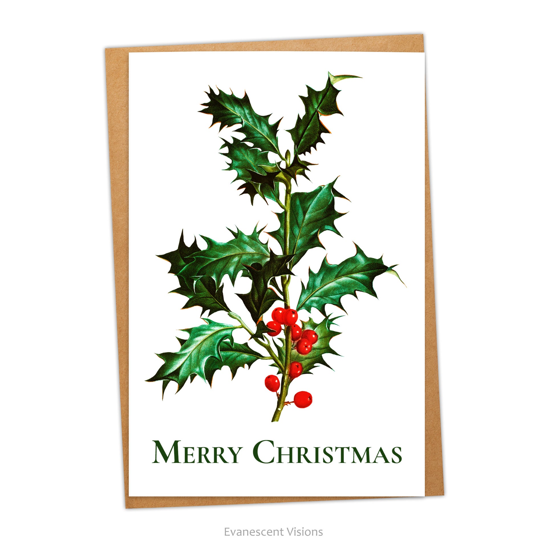 Traditional Holly Illustration Christmas card with envelope