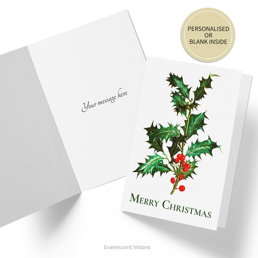 Front and inside view of the Holly Christmas card showing and example of a printed custom greeting.