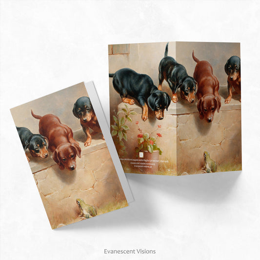 Front and back views for the Dachshund Puppies and a Frog Art Notecard