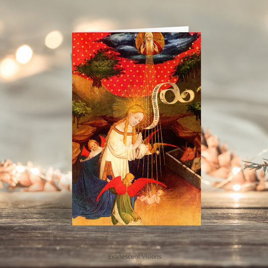 Card on wooden surface. Design is Nativity by Master Francke