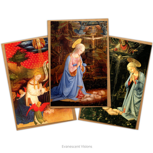 Three cards with envelopes, featuring images from Medieval and Renaissance paintings showing the Virgin Mary Adoring the Christ Child