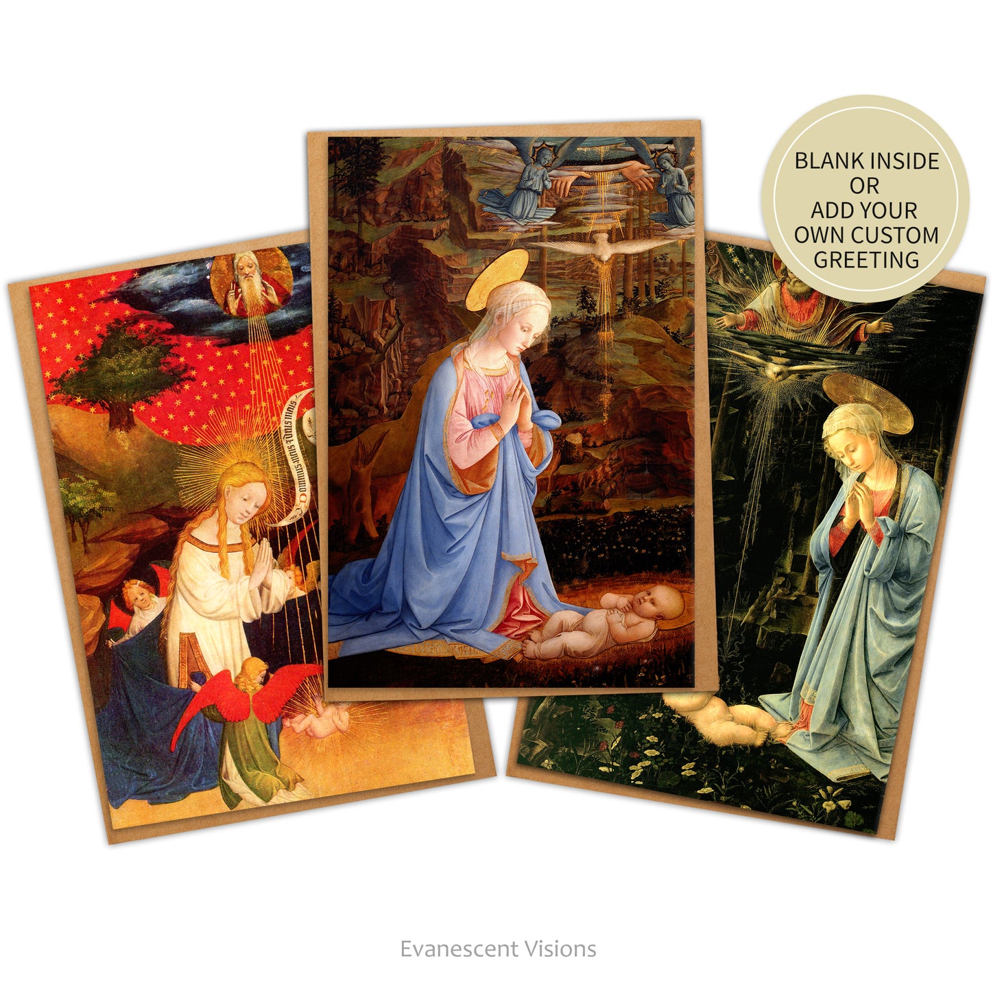 Three cards with envelopes, featuring images from Medieval and Renaissance paintings showing the Virgin Mary Adoring the Christ Child. Sticker says Blank inside or add your own custom greeting