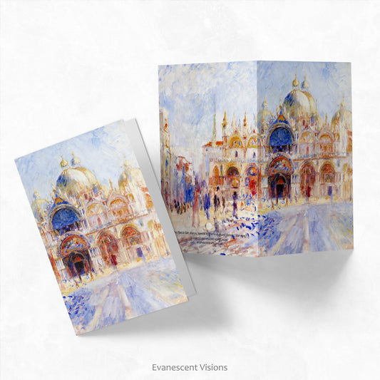2 notecards showing the front and back views of the Renoir The Piazza San Marco Venice Notecard