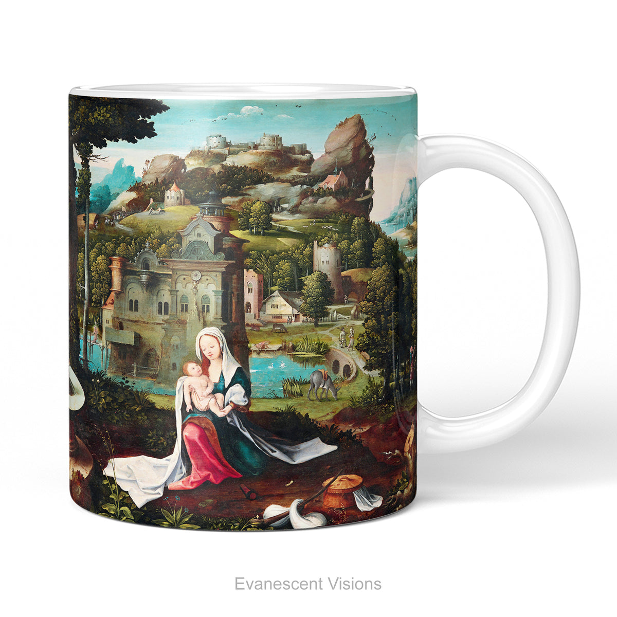 Ceramic mug with print of 16th century biblical painting of  Mary and Jesus on the flight into Egypt. 