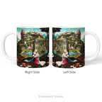 Left and right side views of Ceramic mug with print of a  painting of  Mary and Jesus on the flight into Egypt. 