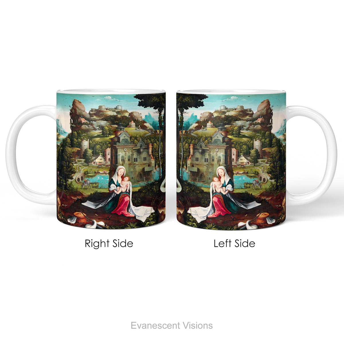Left and right side views of Ceramic mug with print of a  painting of  Mary and Jesus on the flight into Egypt. 