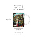 Ceramic mug with print of a biblical painting of  Mary and Jesus on the flight into Egypt, with mug dimensions.  