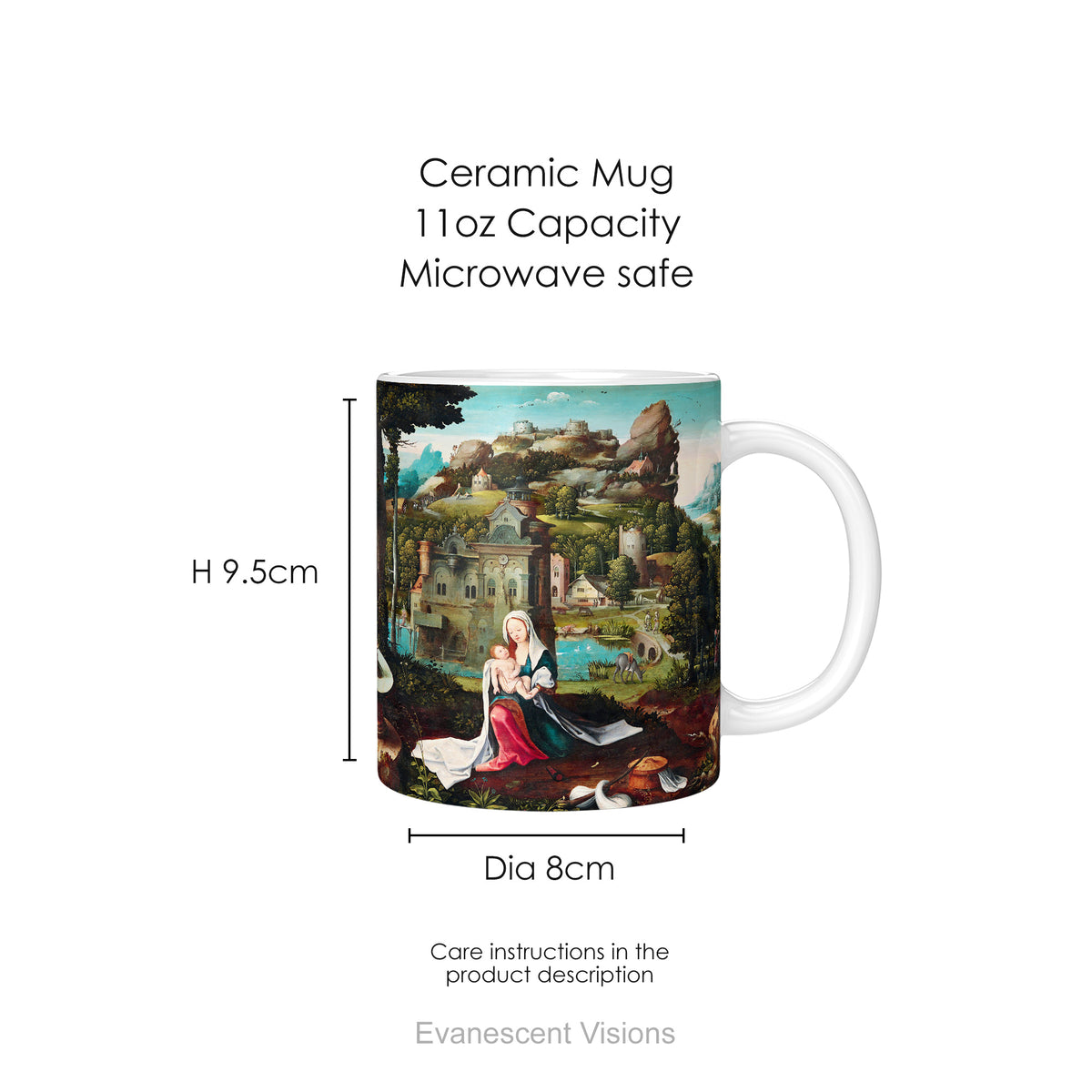 Ceramic mug with print of a biblical painting of  Mary and Jesus on the flight into Egypt, with mug dimensions.  