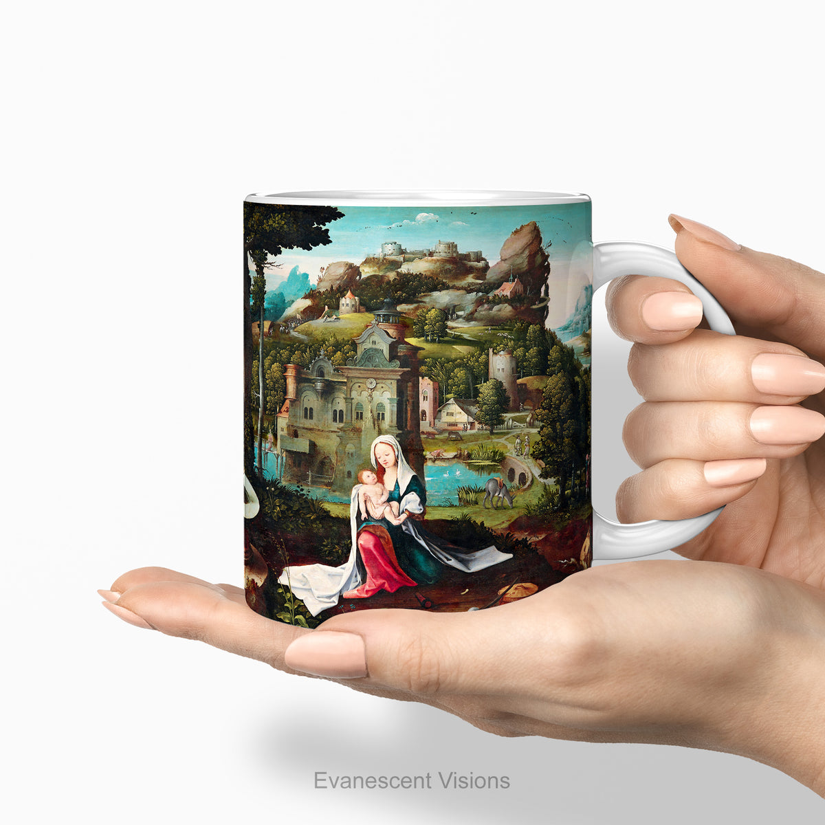 Hand holding a ceramic mug with print of 16th century biblical painting of  Mary and Jesus on the flight into Egypt. 