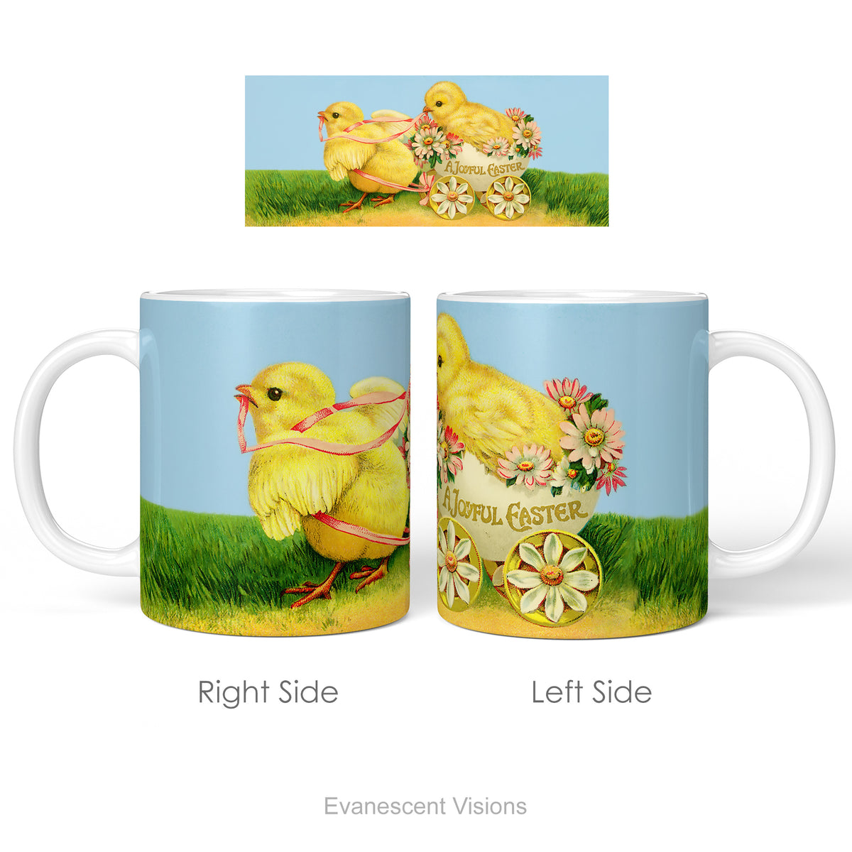 Left and right side views of the ceramic mug with vintage design of Easter Chicks and Easter egg.