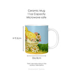Ceramic mug with vintage design of Easter Chicks and Easter egg, with mug dimensions.