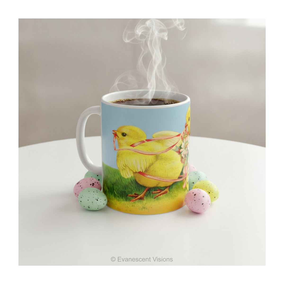 Ceramic mug with vintage design of Easter Chicks and Easter egg on a table.