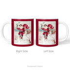 Left and right side view of a ceramic Christmas Mug, with a vintage illustration of Santa Claus.