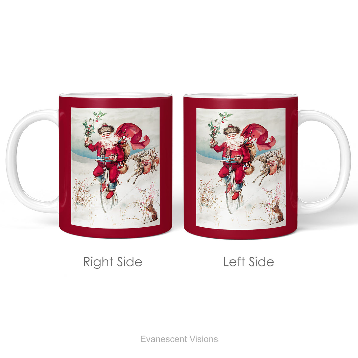 Left and right side view of a ceramic Christmas Mug, with a vintage illustration of Santa Claus.