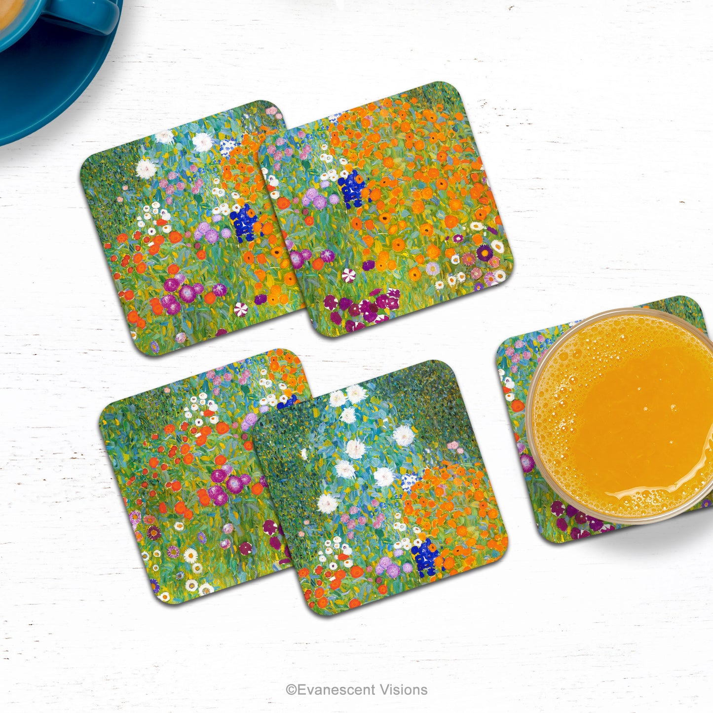 Klimt Bauerngarten Coasters on counter top with drinks