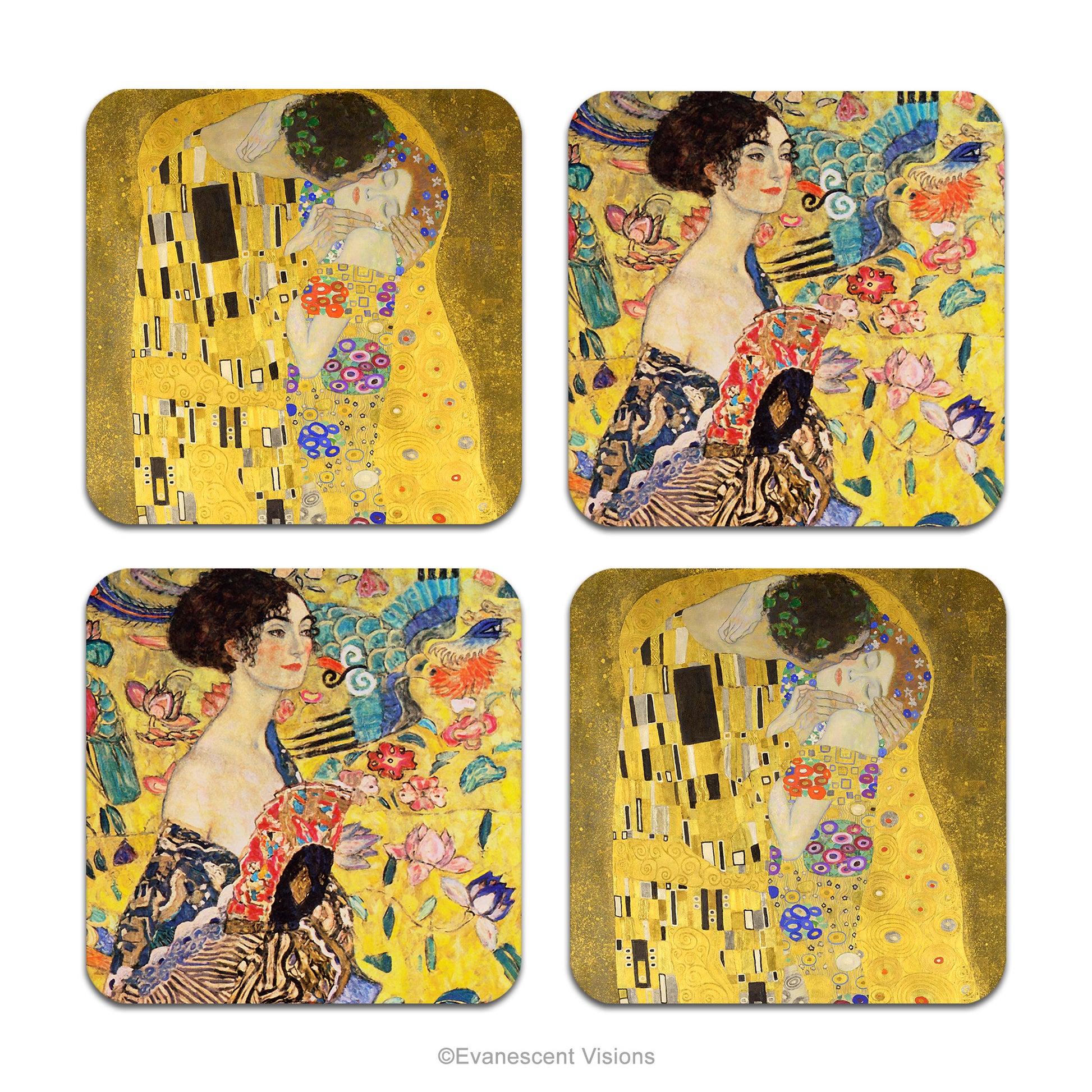 Set of 4 Coasters with 'The Kiss' and 'Lady with a Fan' paintings