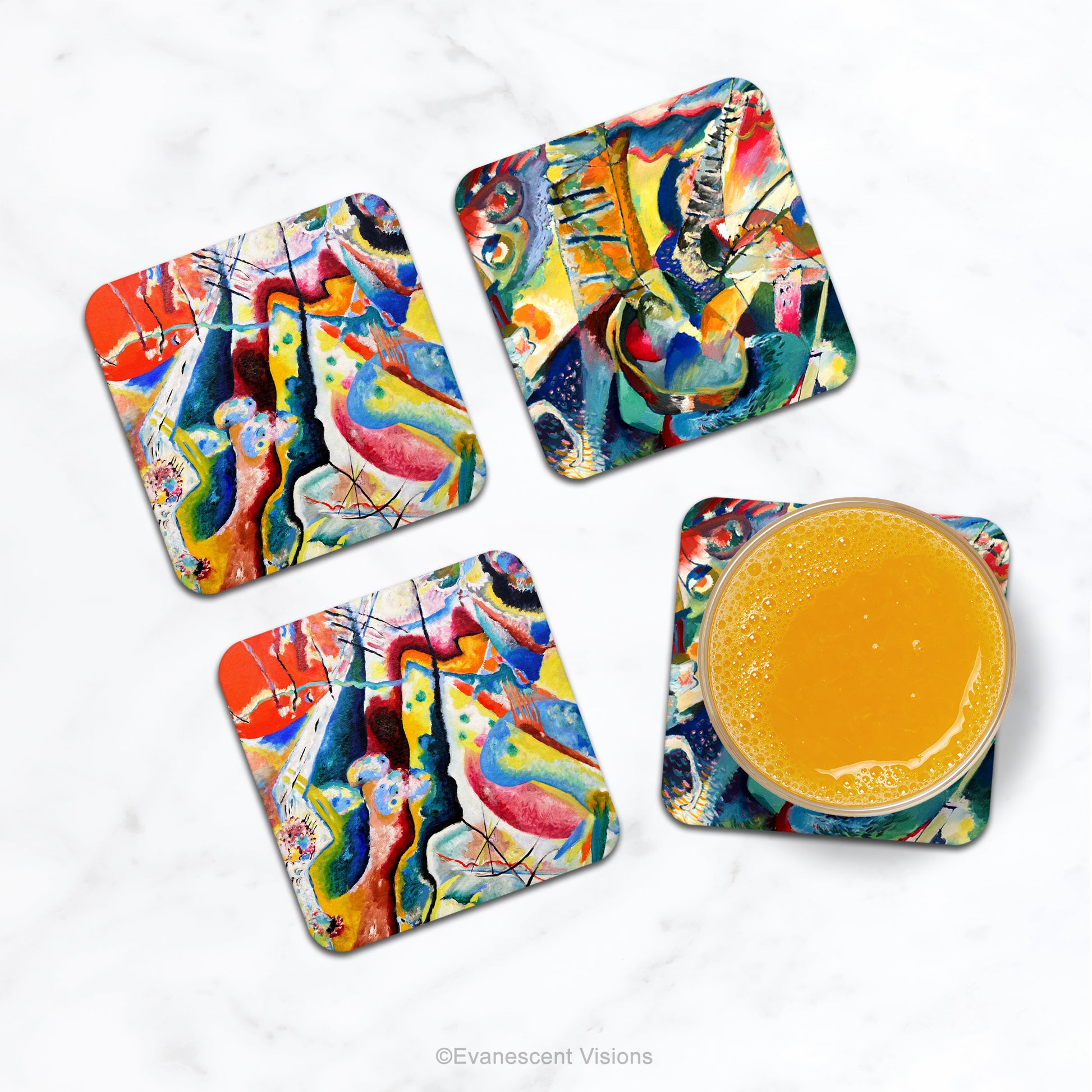 Set of 4 Kandinsky Abstract Art Coasters on a table