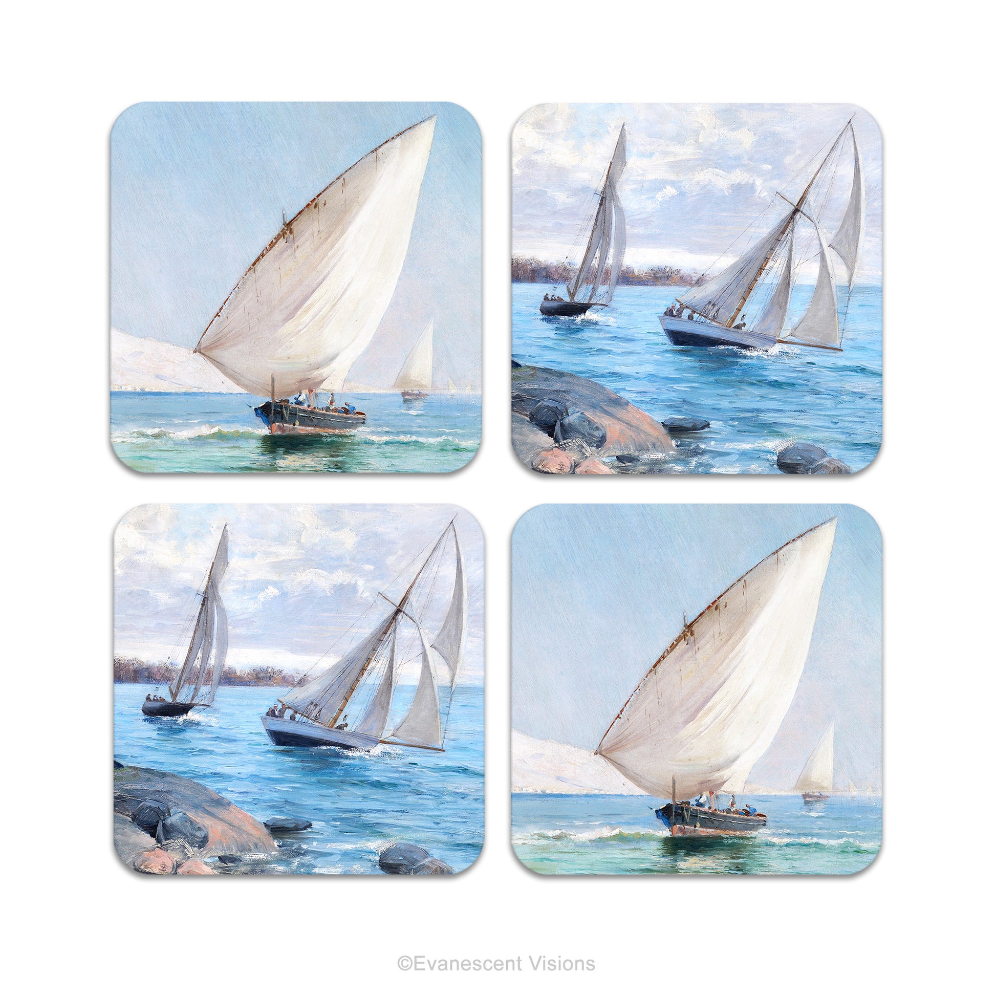 Set of four coasters with images of sailing boats