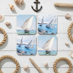 Set of four coasters with images of sailing boats styled on a white wood plank surface.