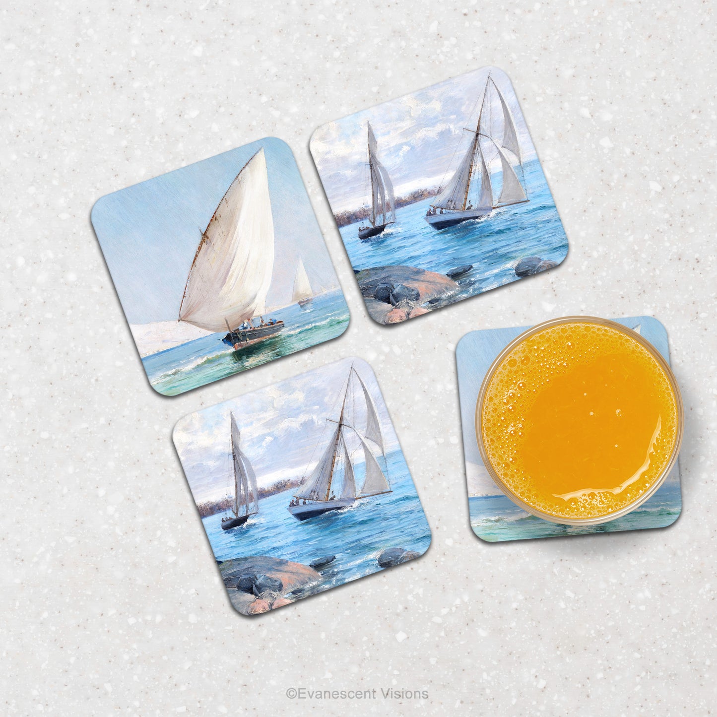 Coasters with images of sailing boats shown on counter top with drink