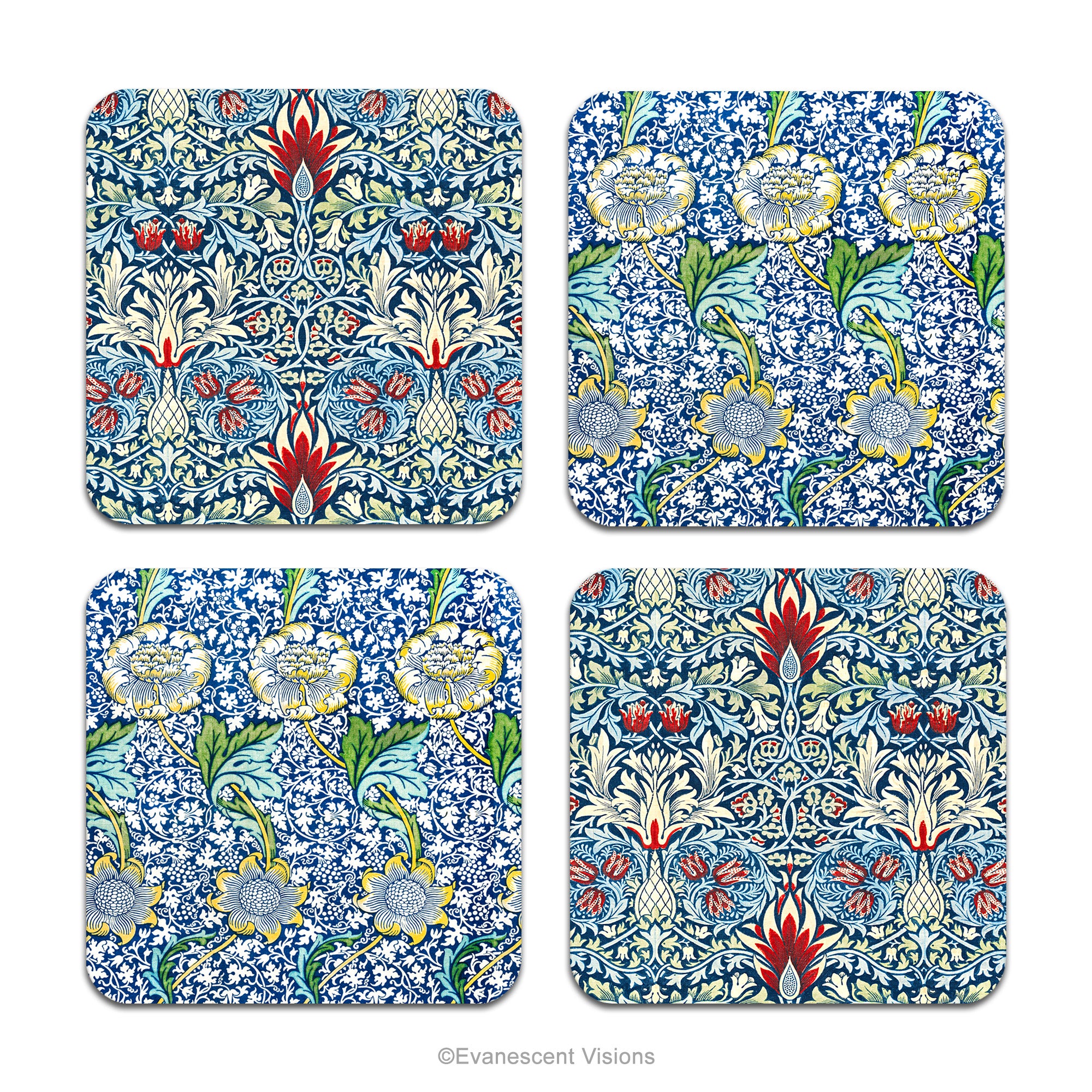 Set of 4 coasters with patterned images from the 'Snakeshead' and 'Kennet' designs by William Morris