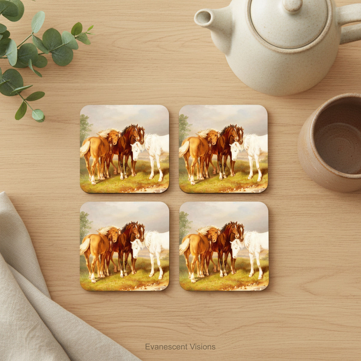 Set of 4 Horses in Nature Drinks Coasters with detail from painting 'Horses, after Carl Wahlbom' by Magnus von Wright, on a wood table. 