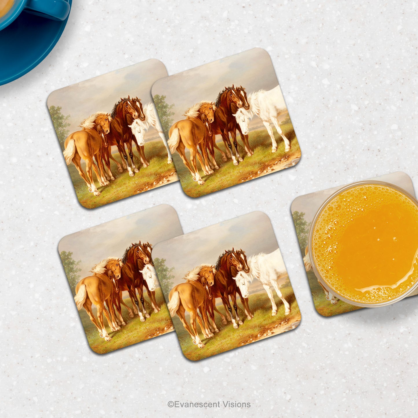 Horses in Nature Drinks Coasters on a counter top with drinks.