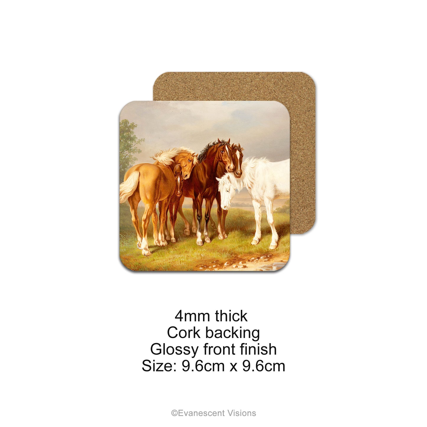 Front and back view and product details for the Horses in Nature Drinks Coasters