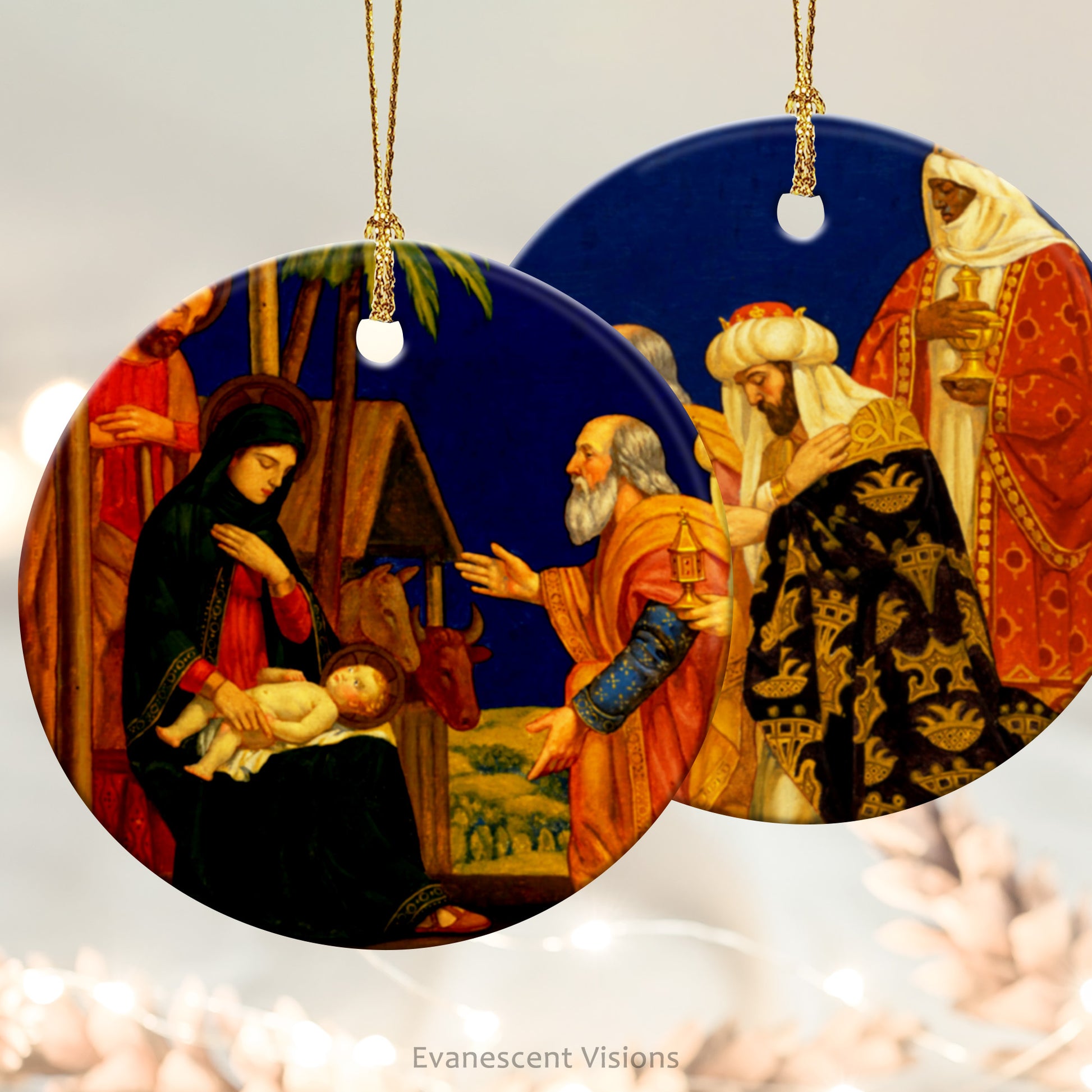 Ceramic Christmas Ornaments with a colourful Nativity Scene design