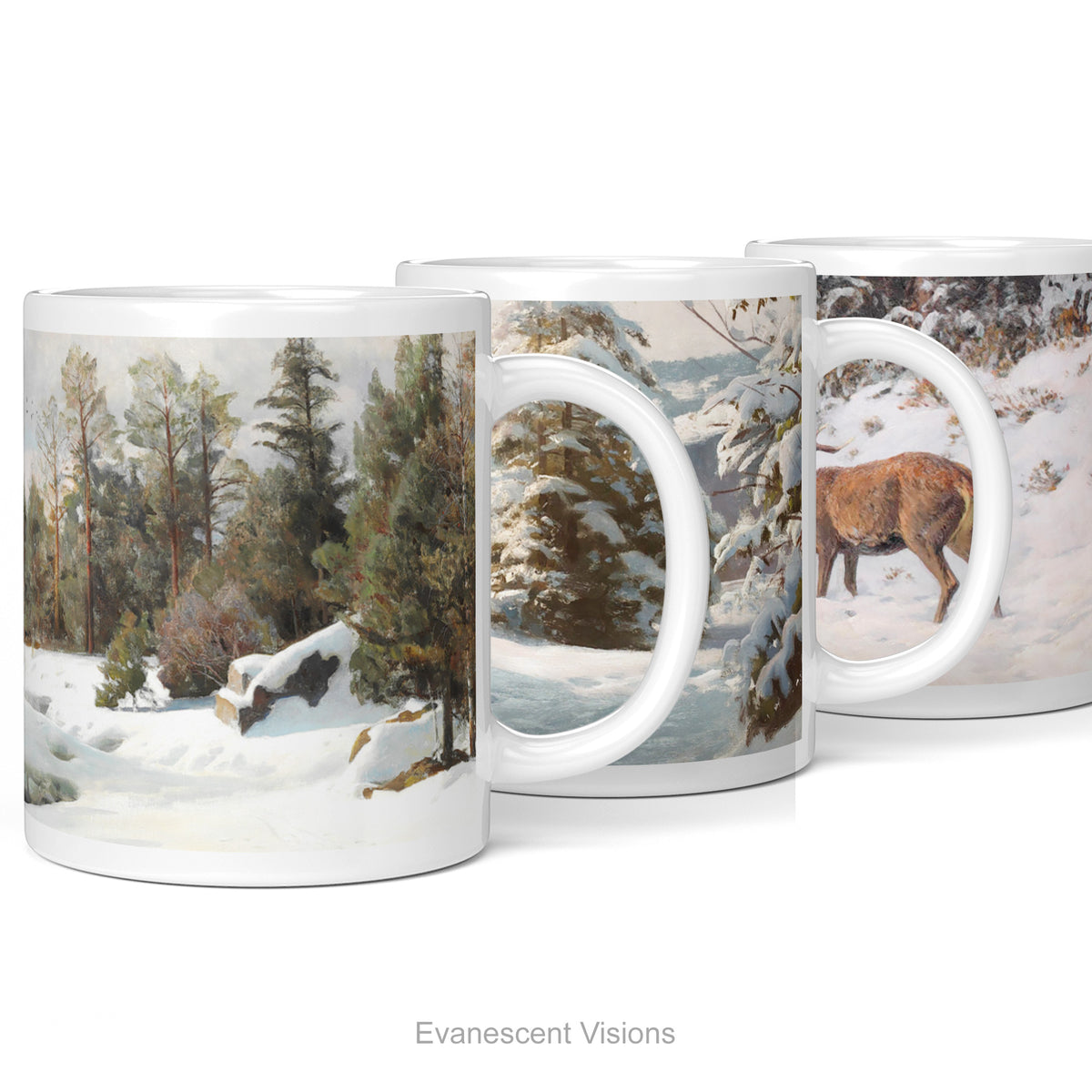 Three white ceramic mugs each printed with a different winter landscape painting with snowy trees, snow-covered evergreens, and a deer in a snowy field. 
