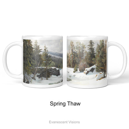 Two white ceramic mugs showing the left and right side views of a printed landscape painting titled A day in April with Spring Thaw, River Jondal, Telemark' by Peder Mørk Mønsted. 