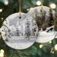 Ceramic Christmas Ornament with scenes of snowy winter landscapes, shown hanging from a Christmas tree