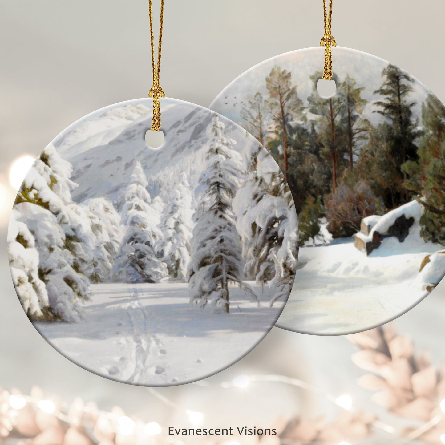 Ceramic Christmas Ornament with scenes of snowy winter landcapes