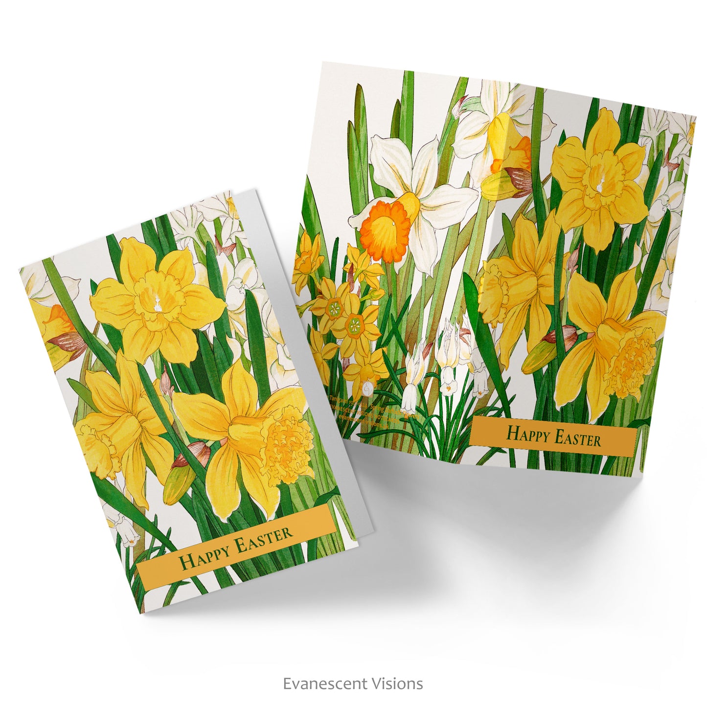 Wraparound design floral Easter card shown open printed front and back and closed with images from a woodblock design of daffodils by Kônan Tanigami