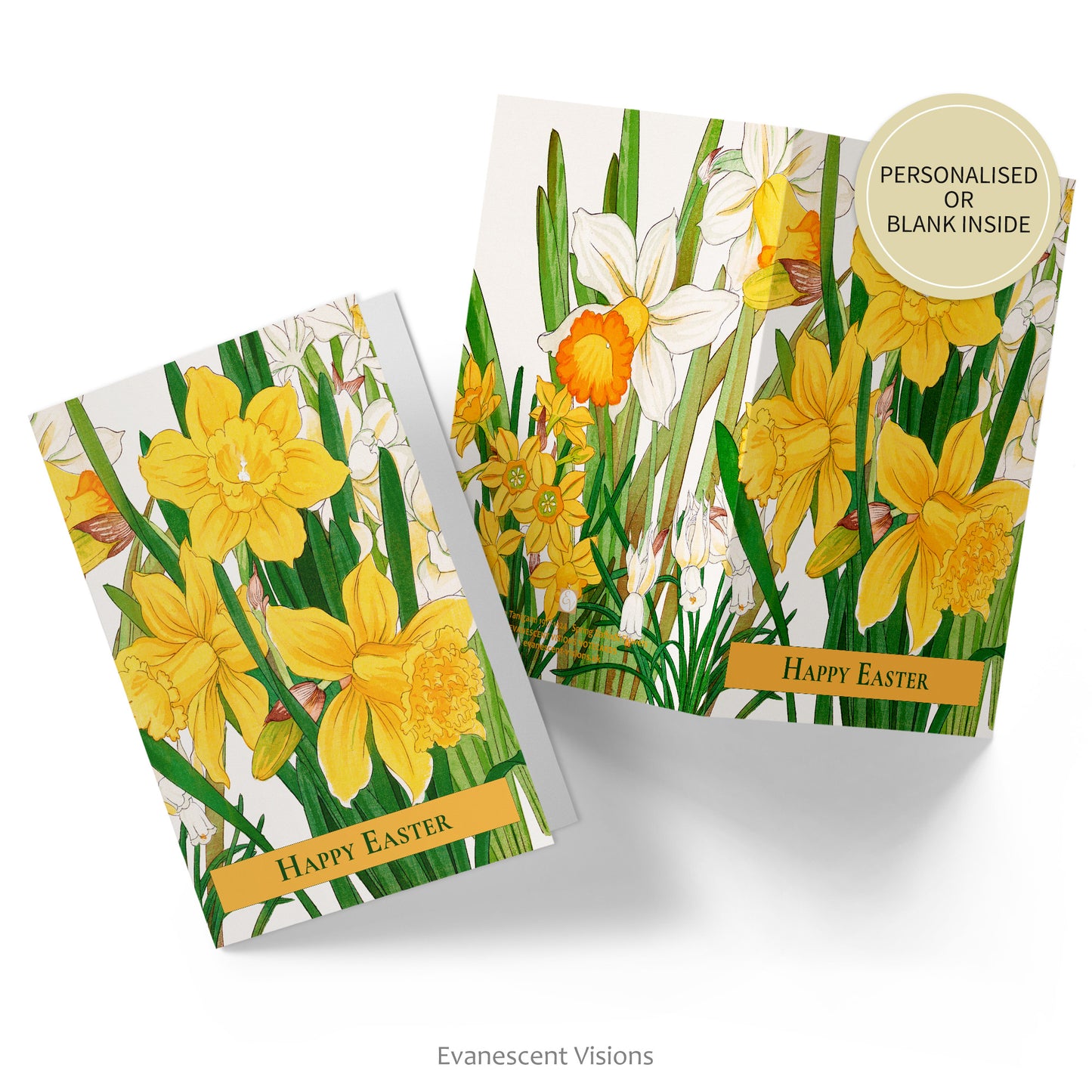 Wraparound design floral Easter card shown open printed front and back and closed with images from a woodblock design of daffodils by Kônan Tanigami. Sticker says personalised or blank inside.