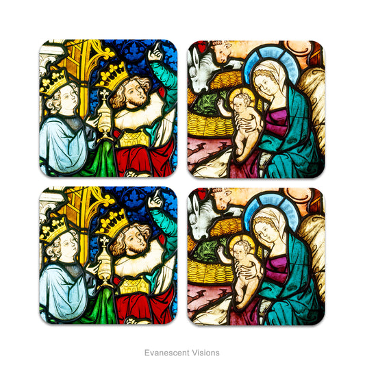 Set of four coasters with Christmas designs from Medieval stained glass windows