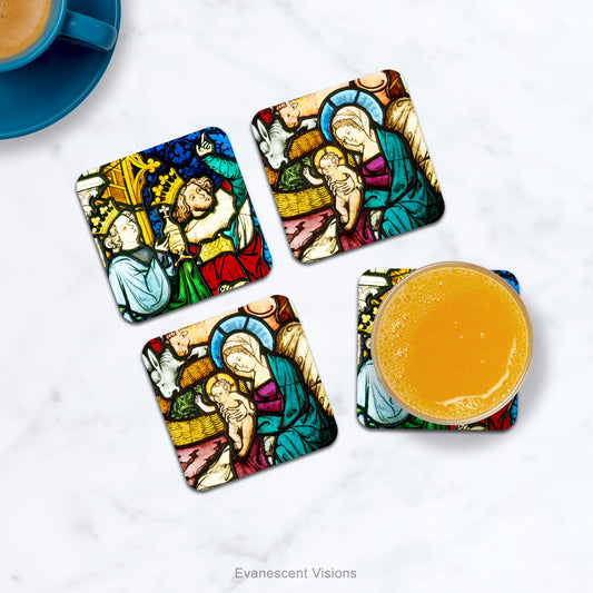 Coasters on marble countertop seen from above with drinks.