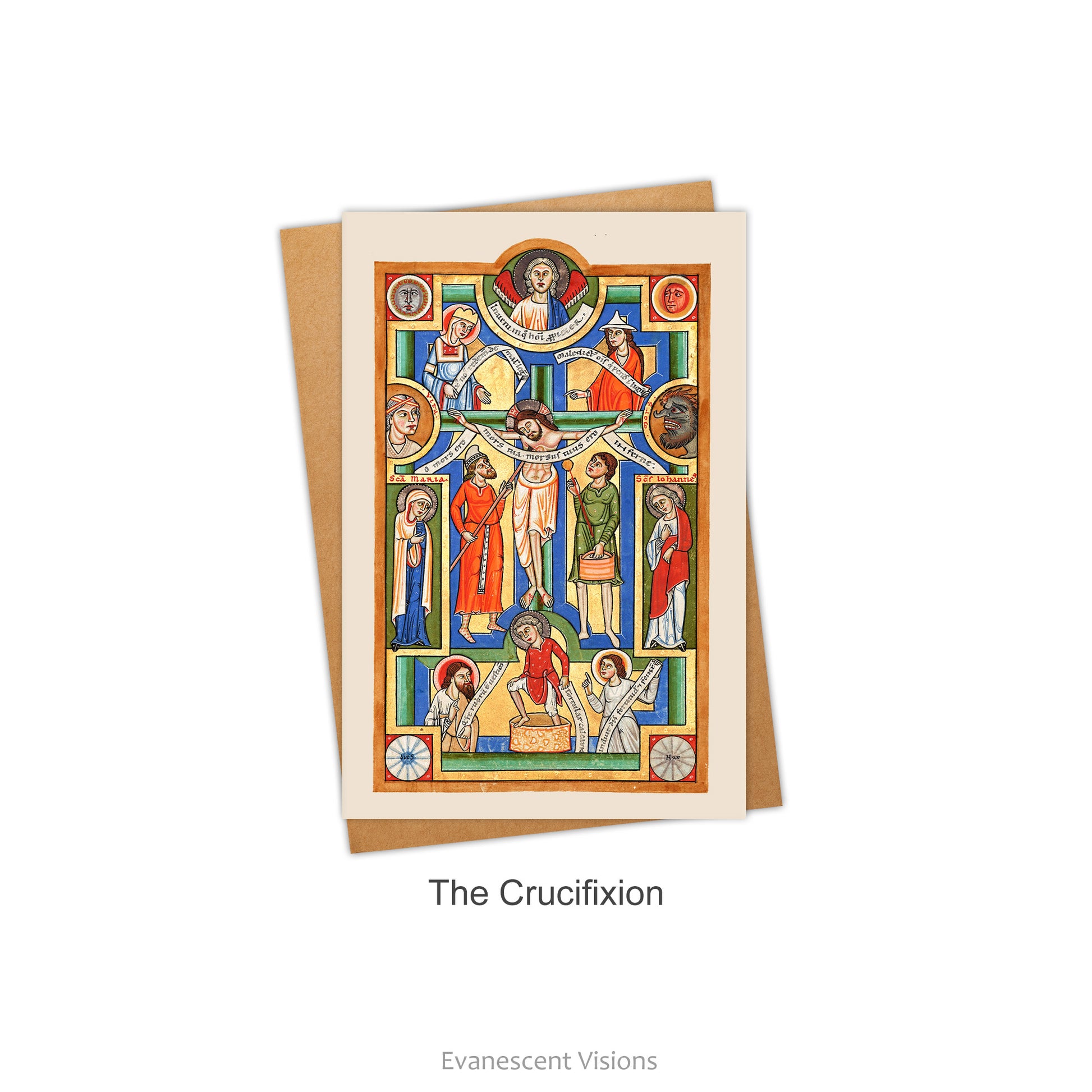 Card and envelope. Image on card is a Medieval Illumination from the Stammheim Missal, 'The Crucifixion.'