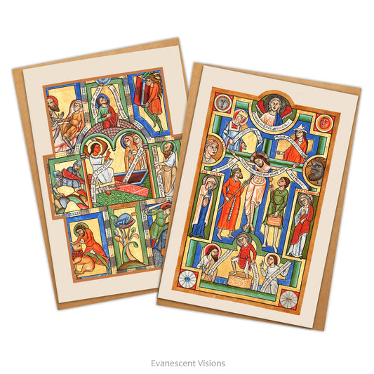 Two Cards and envelopes. Images on cards are Medieval Illuminations from the Stammheim Missal, 'The Women at the Tomb' and 'The Crucifixion.'