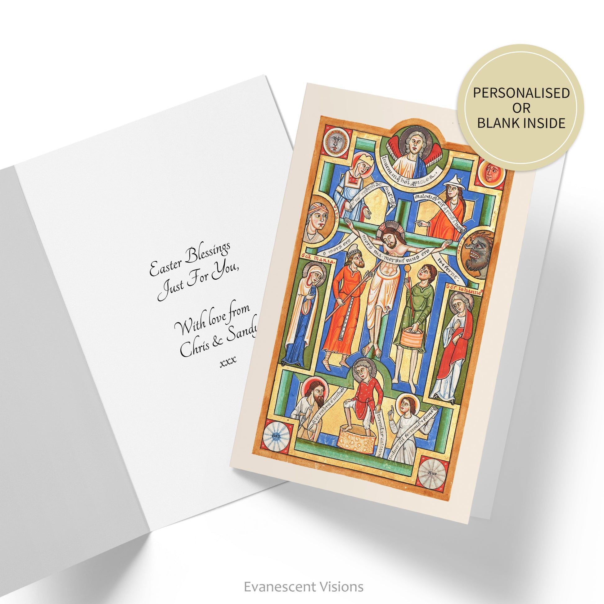 Card with Medieval Illumination, 'The Crucifixion' and inside card shown with custom image. Sticker says 'personalised or blank.'