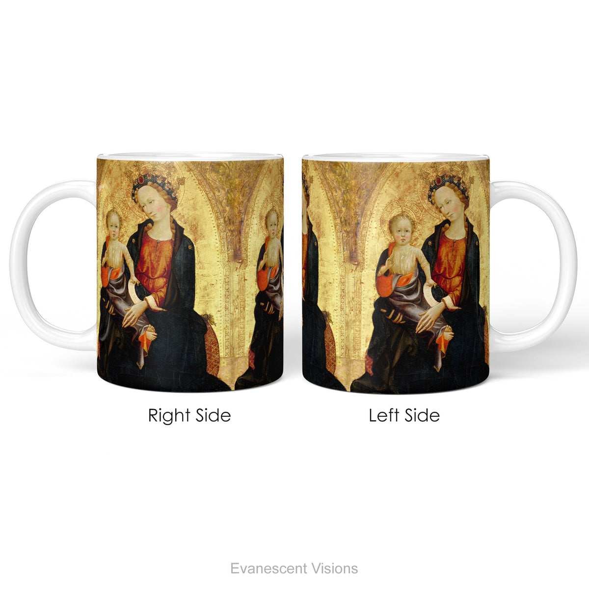 Left and right views of the ceramic mug with a print of Renaissance painting 'Madonna and Child'. 
