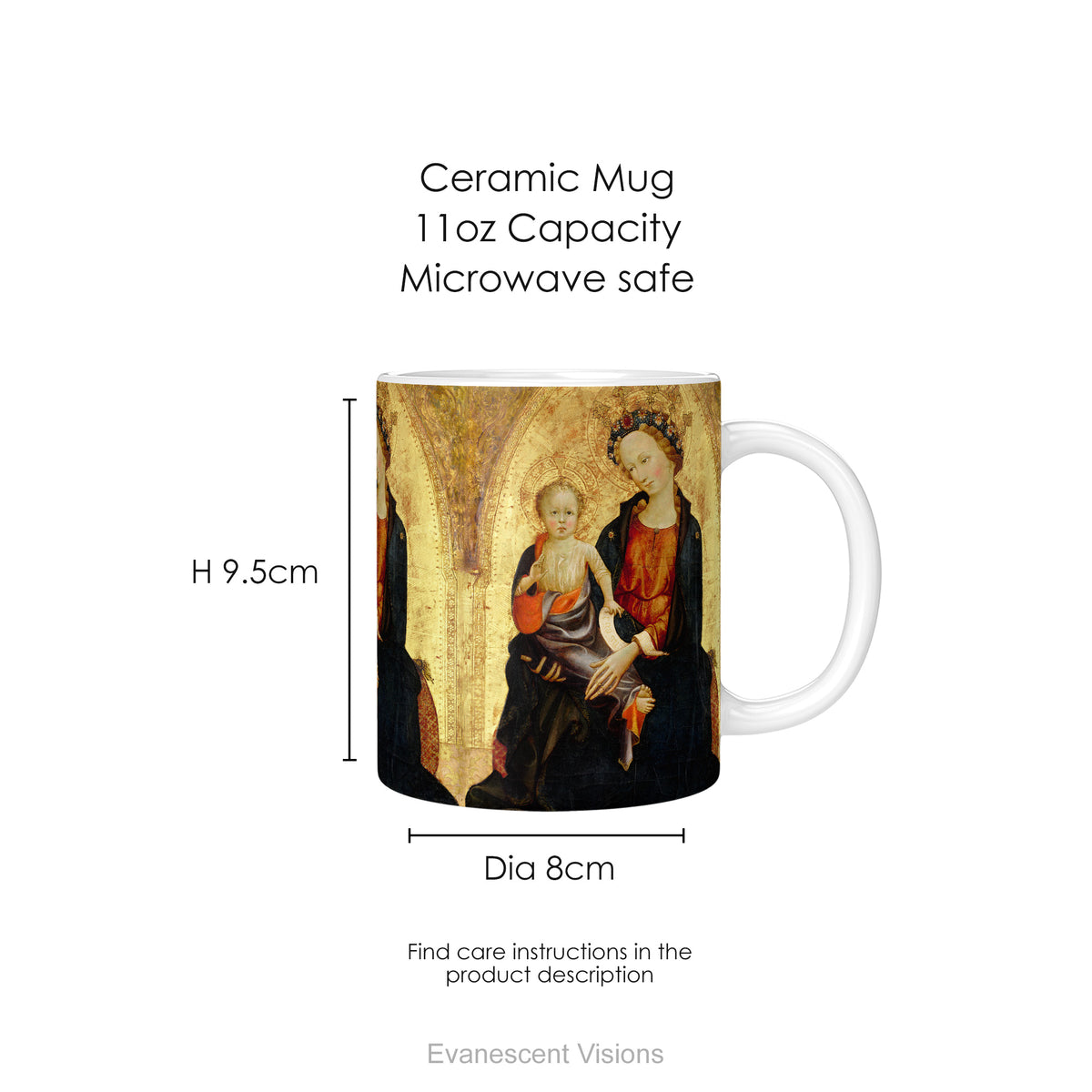 Ceramic mug with a print of Renaissance painting 'Madonna and Child', showing mug dimensions.