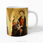 Ceramic mug with a print of Renaissance painting 'Madonna and Child'. 