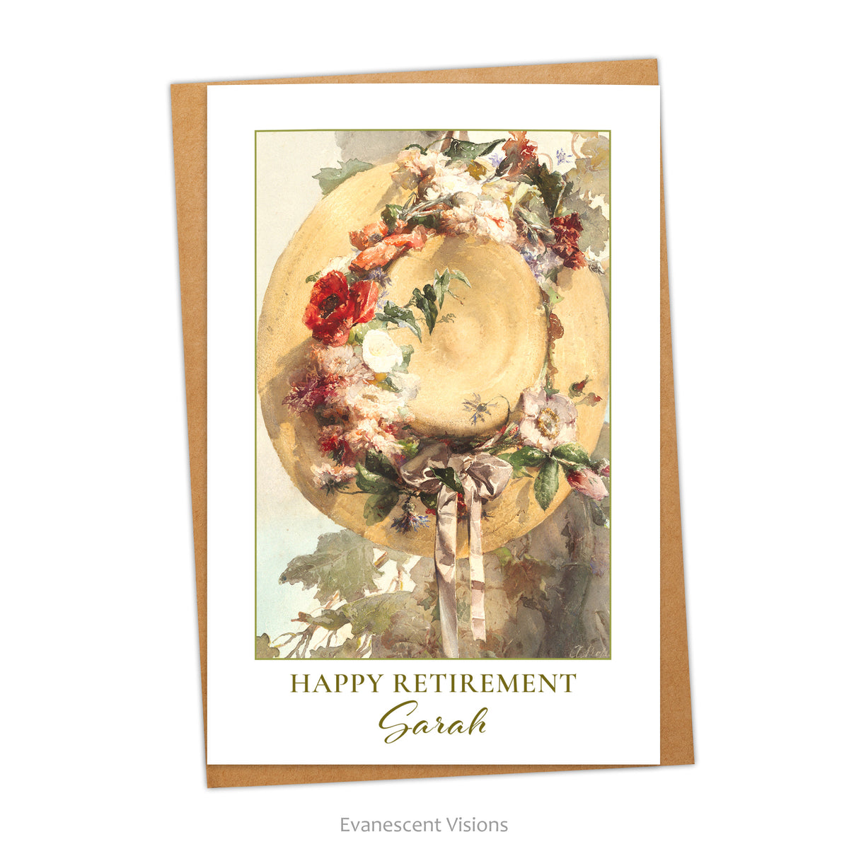 Greeting card with words 'Happy Retirement' and recipient name, featuring artwork' Straw Hat with Roses, Carnations, and Cornflowers' by artist Angelo Rossi. 