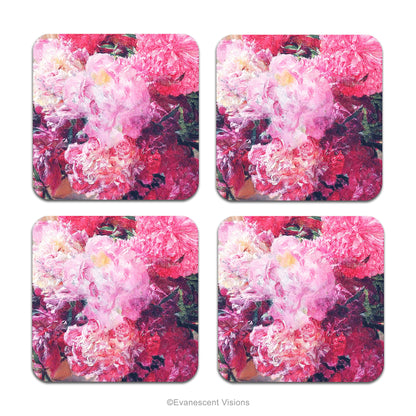 Set of 4 Pink Peonies Floral Coasters with painting 'Japanese Peonies' by Alma-Tadema